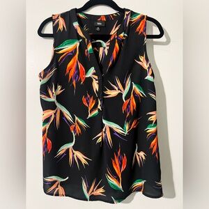 Floral Sleeveless Top - Black with Multicolor Bird of Paradise - Medium